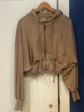 Free People Movement Cropped Hooded Zip-Front Sweatshirt in Tan.  Size S